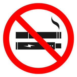 A no smoking and no vaping sign. A black silhouette of a cigarette and e-cigarette in a red circle with a line through it.