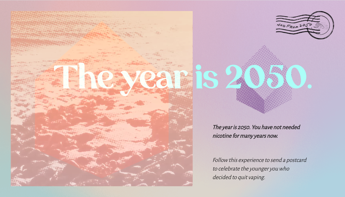 A screenshot of the homepage of the Nod From 2050 website. The background is a purple to blue gradient. On the lefthand side is a still of an animation of waves crashing onto a shore, with an orange overlay. In the centre of the screen it reads 